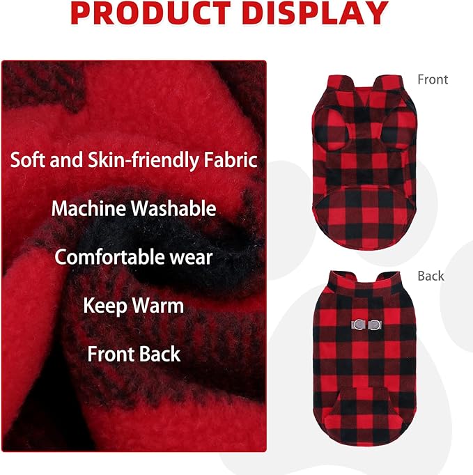 KOOLTAIL Dog Fleece Vest Sweater, Warm Puppy Christmas Jacket with Dual Leash D-Ring and Pocket for Small Medium Large Dogs, Soft Pet Winter Cold Weather Coats Fall Clothes Hoodie Boy Girl,Red Plaid L