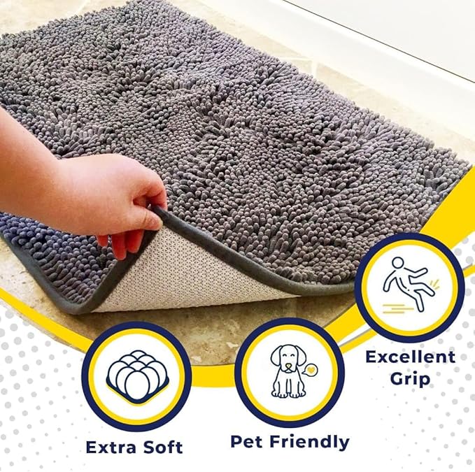 Muddy Mat® AS-SEEN-ON-TV Highly Absorbent Microfiber Door Mat and Pet Rug, Non Slip Thick Washable Area and Bath Mat Soft Chenille for Kitchen Bathroom Bedroom Indoor and Outdoor - Grey 3ft x 8ft