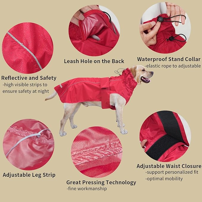 Adjustable Waterproof Dog Raincoat for Dogs,Lightweight Pet Rain Jacket Puppy Clothes with Reflective Strip for Small Medium Large Dogs (Red, X-Small)