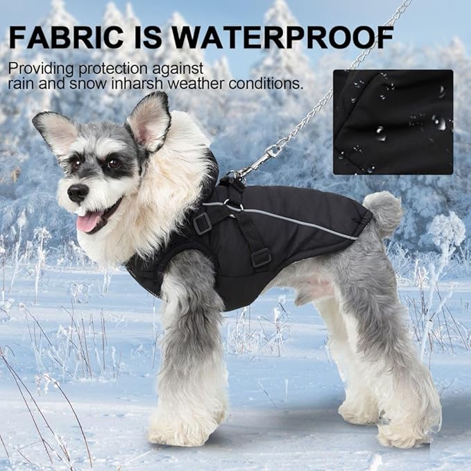 PINA Dog Winter Coat with Waterproof Fabric and Faux Fur Hood, Black, 2XL