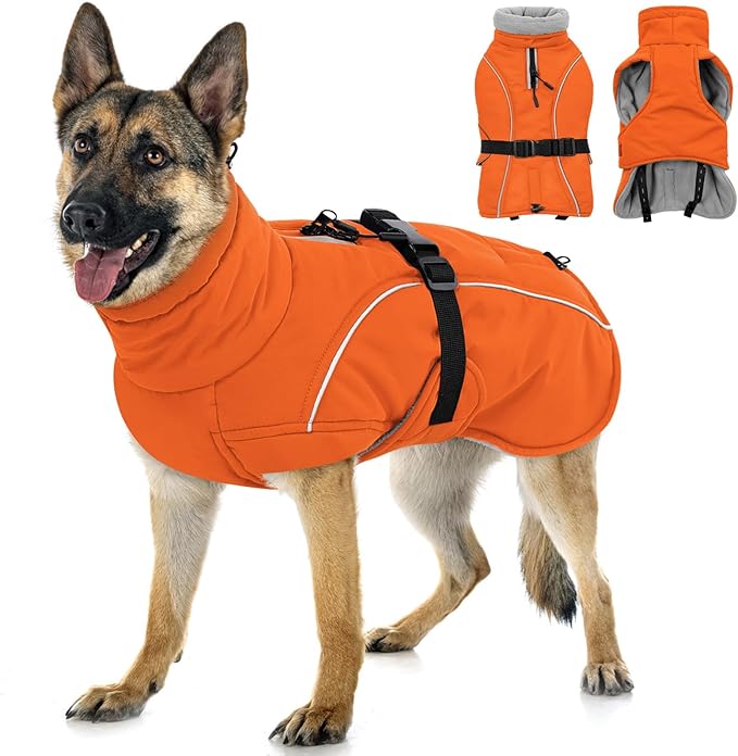 Queenmore Winter Dog Coat Warm Dog Jacket Vest Waterproof Puffer Fleece Snowsuit Adjustable Buckle Leash Hole Reflective Cold Weather Parka for Small Medium Large Dogs Girl Boy Orange XXXL