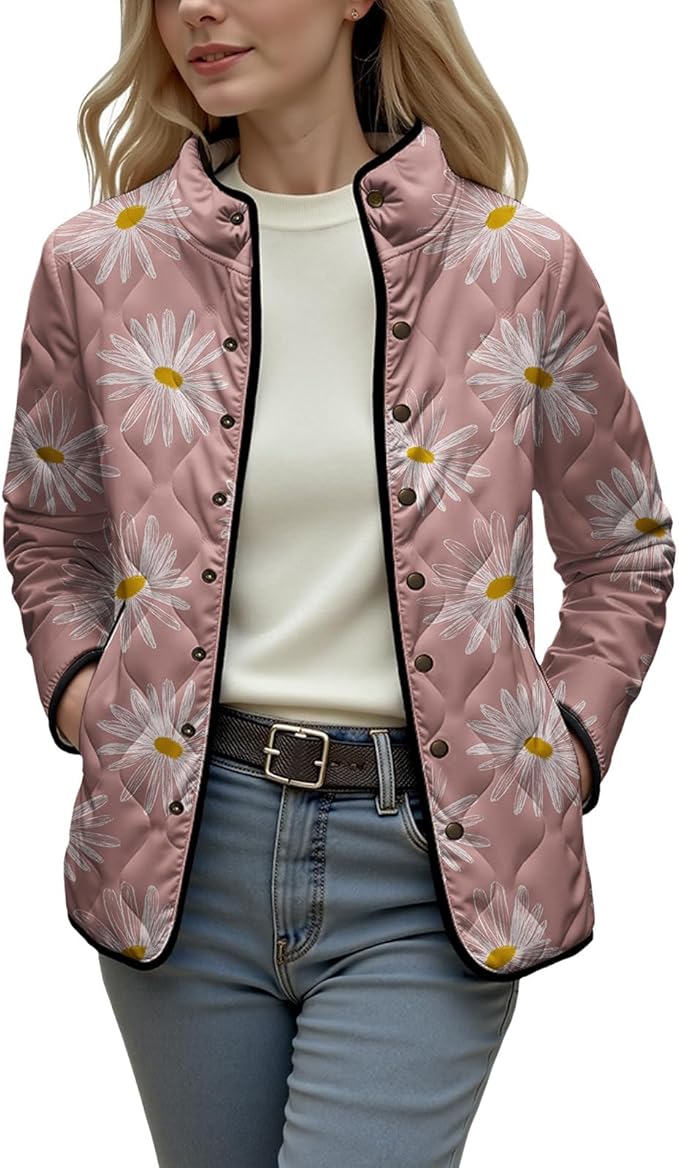 LIZALIG Women's Cropped Puffer Jacket Lightweight Floral Print Long Sleeve Padded Quilted Puffy Cardigan Coat
