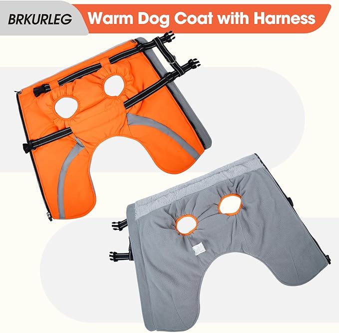 BRKURLEG Dog Winter Jackets for Large Dogs, Dog Coat with Harness Built in, Dogs Snowsuits with Zipper, Waterproof Windproof Pet Puffer Jacket Fleece Vest for Labrador, Dalmatian, Orange XXL