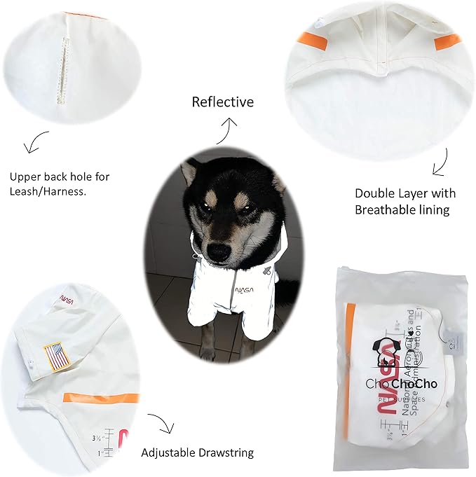 ChoChoCho NASA Dog Raincoats - Reflective Rain Jacket Water Proof, Dog Stylish Streetwear Outfit for Small Medium Large Puppies & Cats (White, 4XL)