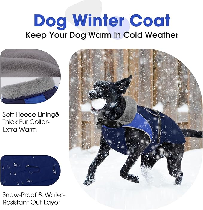 Nanaki Warm Fleece Lined Dog Coats Vests for Winter Waterproof, Furry Collar Dog Jacket with Leash Hole, Reflective Pet Snow Jacket Suit for Outdoor Walking Hunting,Easy On Puppy Coat Beagle, Blue L