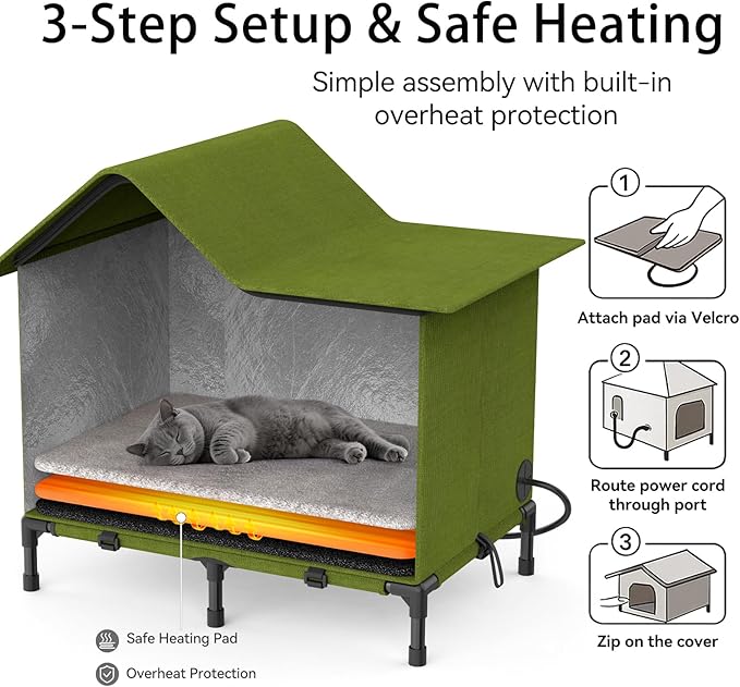 Heated Outdoor Cat House – Weatherproof Winter Shelter for Stray & Outdoor Cats, Insulated & Elevated Design for Porch, Yard, Barn or Garage, Easy Assembly Warm Cat Shelter