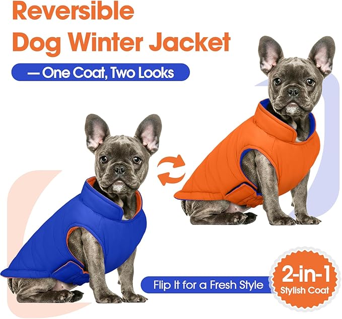 QBLEEV Reversible Dog Coat for Large Dogs, Waterproof Windproof Winter Jacket Keeps Big Breeds Warm & Dry, Adjustable Hook & Loop Puffer Vest, Orange, 3XL – Fits Labrador, Weimaraner, Great Dane