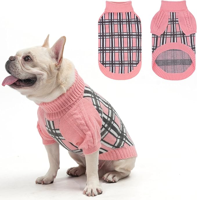 SCENEREAL Turtleneck Dog Sweater for Small Medium Large Dogs Girls Boys, Christmas Plaid Pullover Puppy Sweatershirt, Dogs Cold Weather Outfit Clothes, Ideal Gift for Pet in New Year, Pink Plaid M