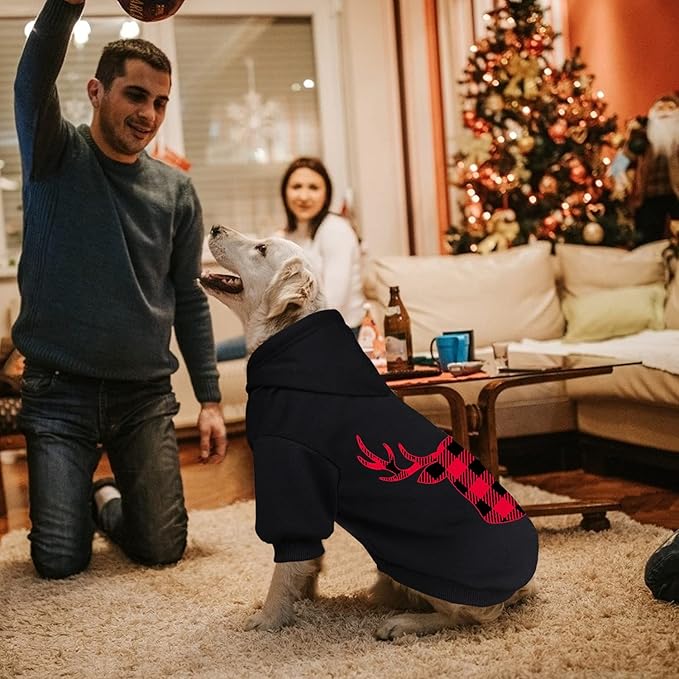 Dog Hoodie Sweater for Dogs Buffalo Plaid Pet Clothes Dog Hooded Sweatshirt Warm and Soft Cozy(Reindeer&XXL)