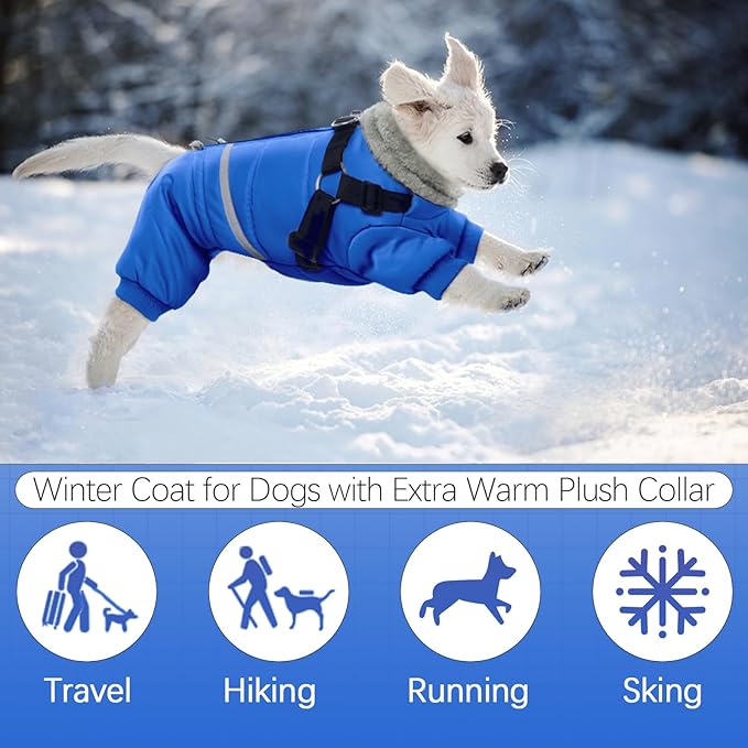BRKURLEG Blue Dog Winter Coat, Cozy Winter Dog Jackets, Small Dogs Coat with Harness, Onesie Body Warm Puppy Christmas Jacket, Pet Reflective Cold Weather Jackets, Puppy Four-Legged Puffer Coats, M
