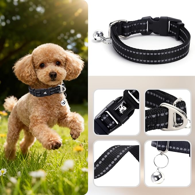 Reflective Dog Collar with Bell - Adjustable Nylon Puppy Collar for Small Dogs, Nighttime Safety for Chihuahua, Pomeranian, Yorkie, Black, XS