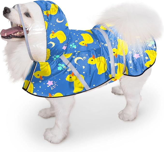 Dog Raincoat, Adjustable Rain Jacket with Hooded Double Layer for Large Medium Small Dogs Puppies, Lightweight Waterproof Rain Coat Poncho with Reflective Stripe Duck Blue,XL