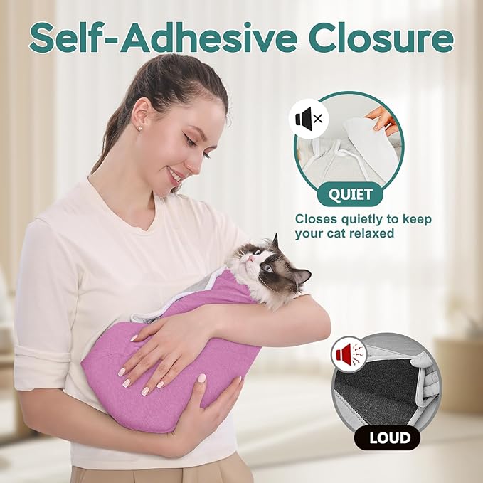 Self-Adhesive Cat Grooming Wrap, Cozy Cat Wrap for Cutting Nails, Breathable Anti-Scratch Cat Swaddle Bag for Brushing, Ear Cleaning, Dental Care, Medication, Injections,Pinkish Purple L