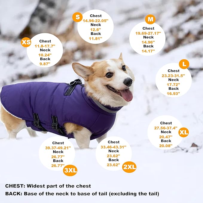 Large Dog Coat with Harness Built-in, Waterproof Reflective Fleece Lined - Warm Windproof Winter Jacket with Back Zipper, Cold Weather Snow Dog Coats - Purple - 3XL