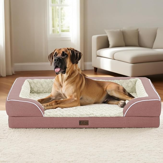 Orthopedic Dog Beds for Extra Large Sized Dogs, Waterproof Memory Foam XL Pet Bed with Sides 42x30Inch, Non-Slip and Egg-Crate Foam Big Dog Couch Bed with Removable Washable Cover, Pink