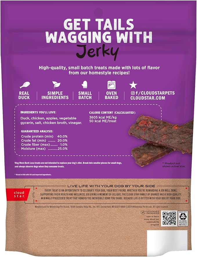 Cloud Star Wag More Bark Less 10 oz Grain Free Jerky Dog Treats with Duck & Apple