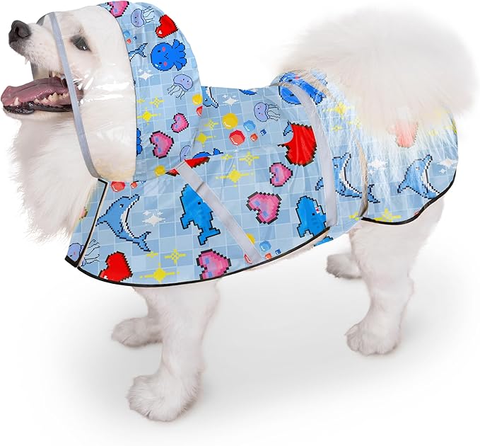 Dog Raincoat, Adjustable Rain Jacket with Hooded Double Layer for Large Medium Small Dogs Puppies, Lightweight Waterproof Rain Coat Poncho with Reflective Stripe Ocean Dolphin Blue,M