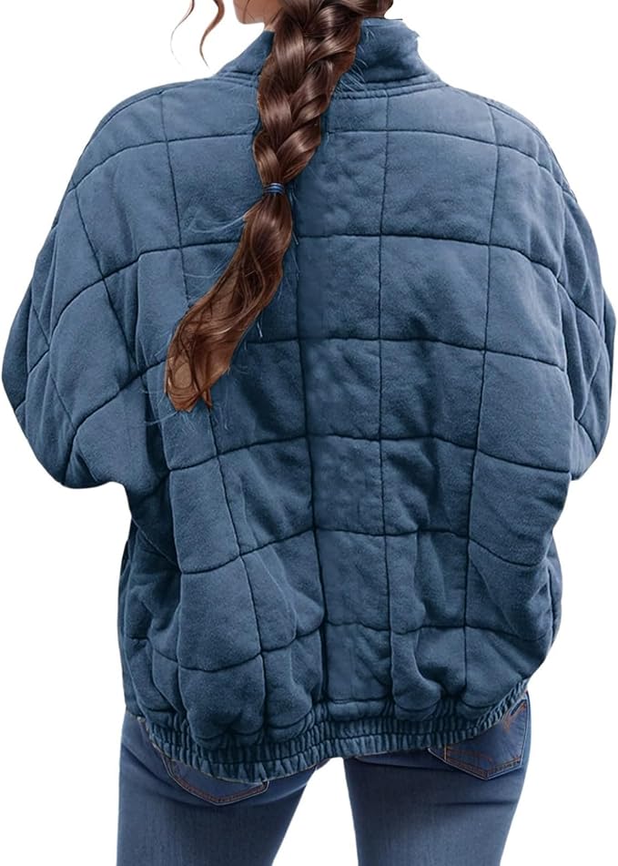 LIZALIG Warm Padded Coat for Women Full Zip Quilted Jackets Winter Oversized Causal Solid Color Stand Collar Pockets Coat