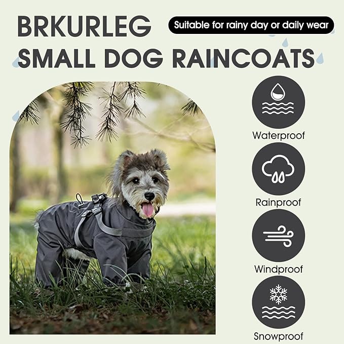 BRKURLEG Dog Raincoat with Harness for Small Dogs, Adjustable Waterproof Dog Rain Jacket, Reflective Rainproof Puppy 4 Legs Raincoat, Full Body Pet Rain Jacket, Dark Grey, L