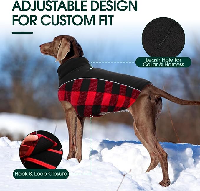 Kuoser Dog Winter Coat, Reversible Waterproof Dog Jacket with Leash Hole, Warm Dogs Fleece Vest Adjustable Doggy Cold Weather Clothes Plaid Christmas Outfit Pet Apparel for Extra Large Dogs, Red 3XL