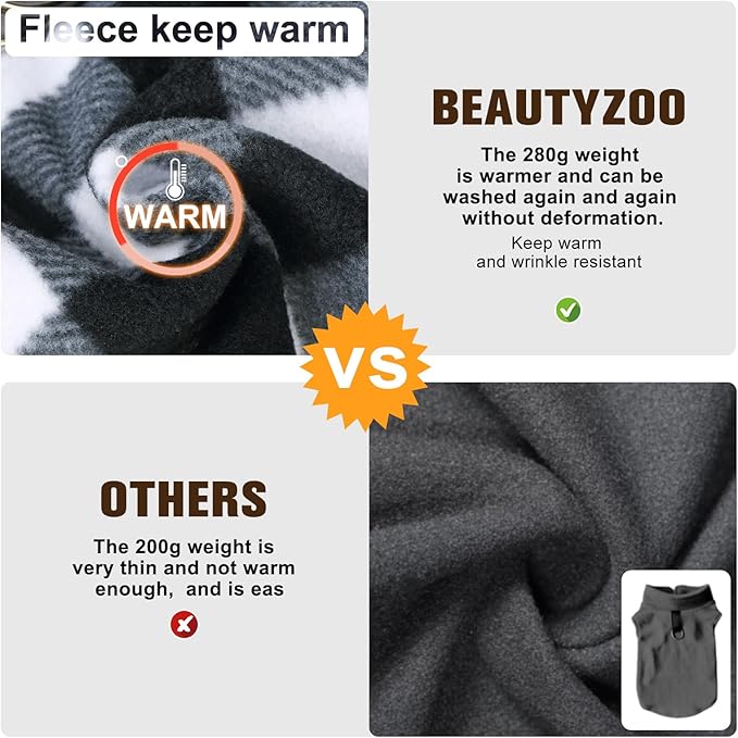 BEAUTYZOO Small Dog Sweater Fleece Vest Winter Jacket, D-Ring Leash Attachment for XS S Puppy Medium Sized Breeds Dogs, Cold Weather Dog Clothes Windproof Keep Warm, Classic White Plaid M