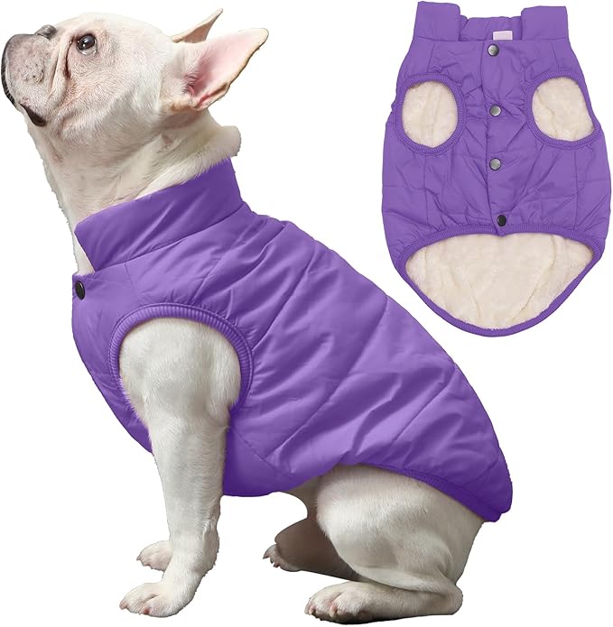 2 Layers Fleece Lined Warm Dog Jacket for Winter Cold Weather,Soft Windproof Medium Dog Coat,Purple L