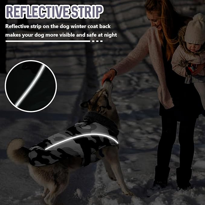DENTRUN Dog Winter Coat - Windproof Reflective Jacket, Plush Turtleneck & Adjustable Belt, Water Repellent Fleece Lined Cold Weather Vest for Corgi Bulldog, White Camo, L