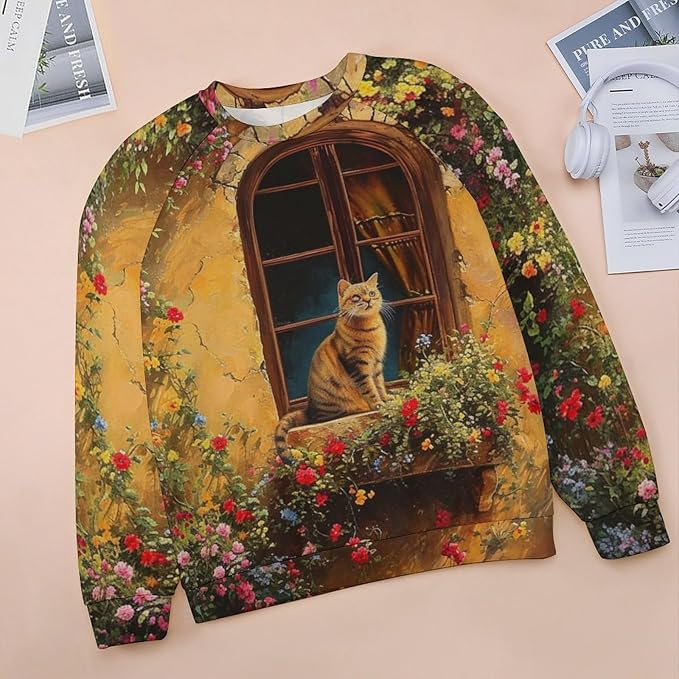 Long Sleeve Shirts for Women Cat Oil Painting Shirt 3D Graphic Sweatshirts Fall Pullover Crewneck Vintage Boho Tops