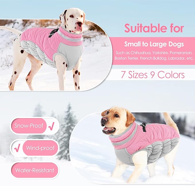 AOFITEE Dog Coat, Warm Dog Winter Coat, Reflective Cold Weather Dogs Puffer Jacket with Harness Built in, Waterproof Pet Fleece Vest Snowsuit for Small Medium Large Dogs, Pink L