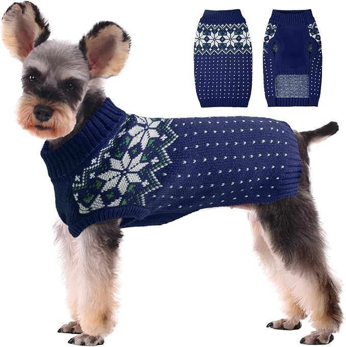 Kuoser Dog Sweater, Holiday Christmas Snowflake Pet Warm Knitwear Dog Sweaters Soft Puppy Clothing, Doggie Turtleneck Cold Weather Outfit Pullover for Small Medium Large Dogs Cats, Blue 2XL