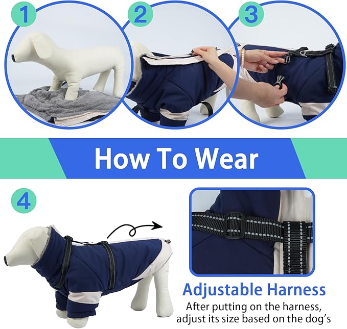 MIGOHI Dog Coat with Harness Built in, 2-in-1 Windproof Dog Winter Jacket, Thermal Reflective Snowsuit with Turtleneck, Back Zipper Fleece Coat for Small Dogs, Chihuahua, Navyblue, XS
