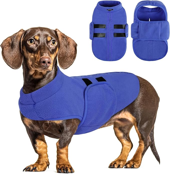 Queenmore XXL Dog Sweater, Soft Fleece Vest Pullover Jacket with Leash Hole, Warm Winter Coats for Cold Weather - Dachshund & Cat Sizes - Boy & Girl (Blue, XXL)