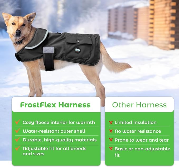 Joyride Harness FrostFlex Dog Winter Jacket - Fleece Lined & Water-Resistant - Snowsuit with Pockets for Treats & Poop Bags - Durable Cold Weather Dog Coat - Black Onyx-XS