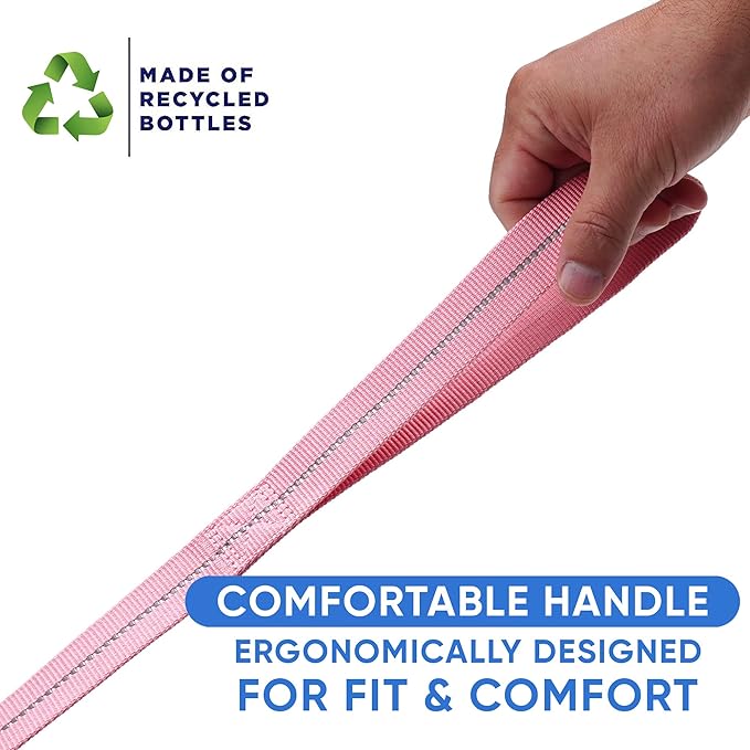 Pawtitas 6 FT Recycled Dog Leash with Reflective Stitched Thread Stitched on Side| Medium Reflective Dog Leash Made from Plastic Bottles Collected from Oceans – Pink 6 ft Dog Leash