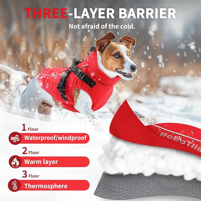 Dog Winter Coat Reflective Water-Resistant Jacket, Fleece Lined Windproof Puppy Coat with Back Zipper & D-Ring, Cold Weather Dog Coats for Small Medium Large Dogs (L, Red)