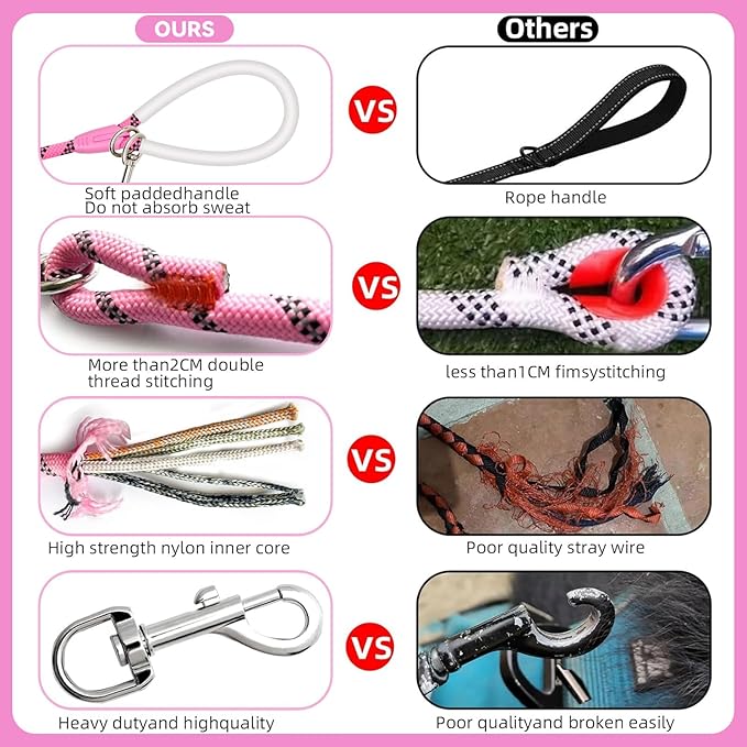 Nylon Dog Leash 6FT 10FT 20FT 30FT Diameter 2/5 Inch with Comfortable Silicone Handle Highly Reflective No Tangle for Medium Large Dogs Outside Walking Camping Backyard. (Pink, 6FT)