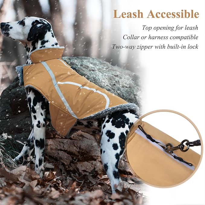 VIVAGLORY Frostfit Dog Coat, Dog Jacket for Winter & Cold Weather, Warm Fluffy Fleece Lined Water Resistant Reflective for Puppy, Coat with Velcro Fastening & Leash Hole, L, Khaki