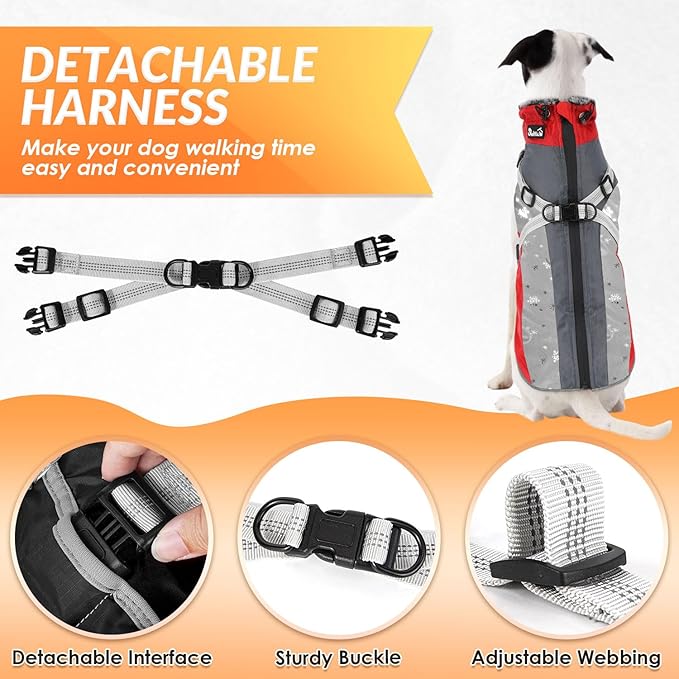 SlowTon Dog Jacket with Harness Built in - Waterproof Fleece Winter Warm Dog Coats for Small Medium Dogs, Reflective Adjustable Furry Puppy Vest Clothes for Outdoor Walking (Red & Black,M)