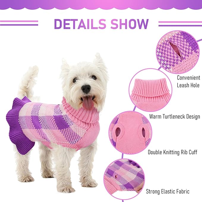 Dog Sweater Dress Plaid Knitwear for Small Medium Dogs Warm Puppy Pet Turtleneck Stretch Pullover Cute Fall Winter Vest Clothes with Leash Hole for Christmas (Purple, S)