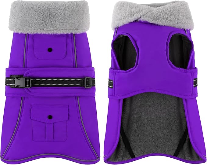 Dogcheer Dog Coat with Pocket, Waterproof Dog Jacket with Adjustable Buckle, Reflective Puppy Winter Coat Warm Turtleneck Fleece SnowJacket for Small Medium Large Dogs - Purple S