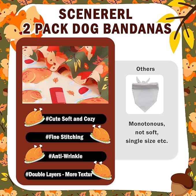 SCENEREAL Fall Dog Bandanas 2 Pack, Puppy Thanksgiving Orange Squirrel Triangle Bibs Handkerchief, Reversible Holiday Dog Bandana for Boy and Girl, Premium Pet Scarf for Small Medium Large Dogs XL