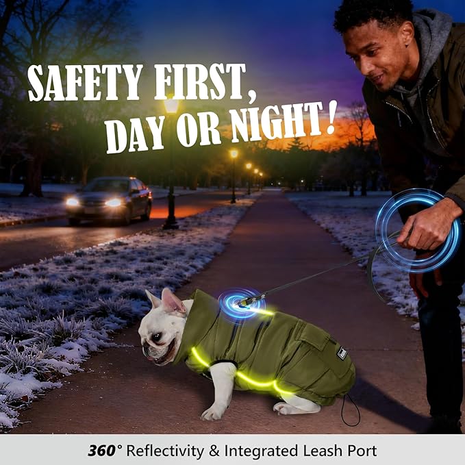 Dog Winter Jacket Waterproof, Reflective Fleece Lined Dog Coats for Small Medium Large Dogs, Warm Snow Coat for Dogs, Insulated Cold Weather Dogs Puffer Jackets with Leash Hole, Olive, M