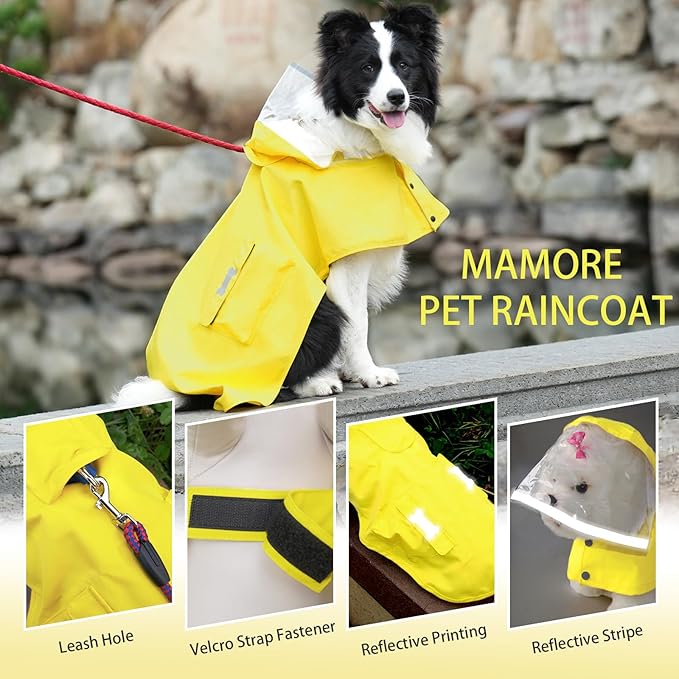 Dog Raincoat Waterproof, Adjustable Reflective Hooded Dog Rain Poncho with Leash Hole for Small Medium Large Dogs (Yellow, X-Large)