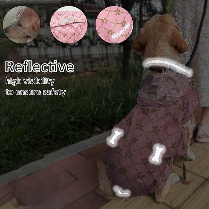 Waterproof Dog Raincoat, Adjustable Reflective Lightweight Pet Rain Clothes with Poncho Hood (Gold Cheery Blossoms Pink, XX-Large)