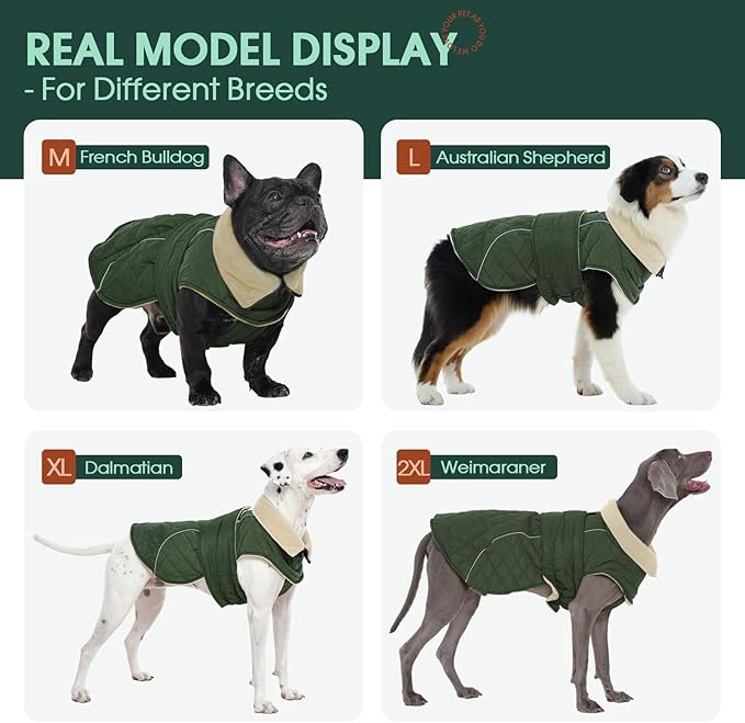 Kuoser Super-Warm Dog Jacket, Windproof Fleece Lined Turtleneck Dog Snowsuit with Reflective Strips, Soft & Adjustable Quilted Puppy Winter Coat Pet Christmas Clothes, Green 3XL