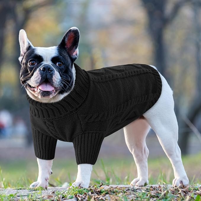 Queenmore Small Dog Pullover Sweater, Cold Weather Cable Knitwear, Classic Turtleneck Thick Warm Clothes for Chihuahua, Bulldog, Dachshund, Pug (Black, Large)