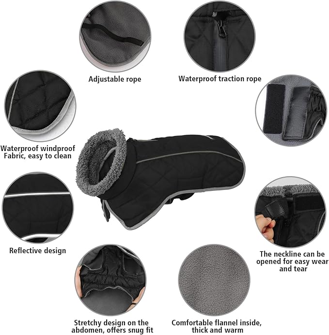 Fragralley Dog Coat Large, Waterproof Dog Jacket with Warm Fleece Lining, Adjustable Reflective Dogs Winter Coat, Turtleneck Pet Coats for Cold Weather (Black XXL)
