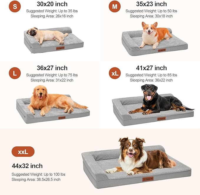 Orthopedic Dog Beds Large Sized Dog, Memory Foam Pet Bed for Large Dogs, Washable Removable Cover, Nonskid Bottom, Waterproof, 41x27x6 Inches, Light Grey