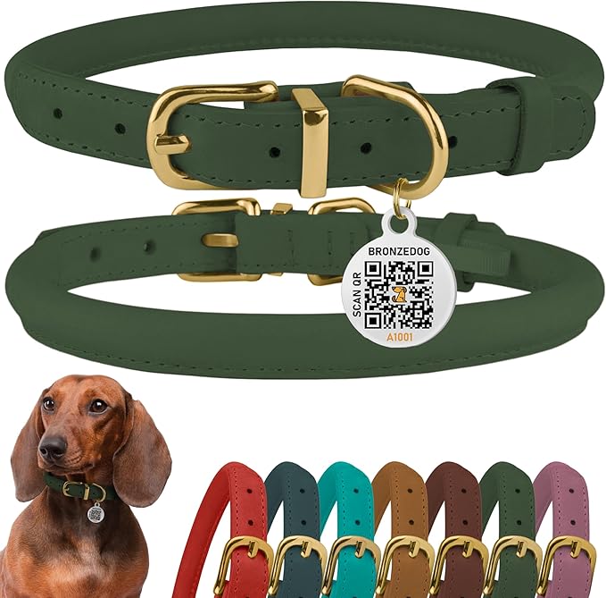 BronzeDog Rolled Leather Dog Collar with QR ID Tag, Adjustable Soft Round Collars for Small Medium Large Dogs Puppy (16" - 19" Neck Size, Emerald Green)