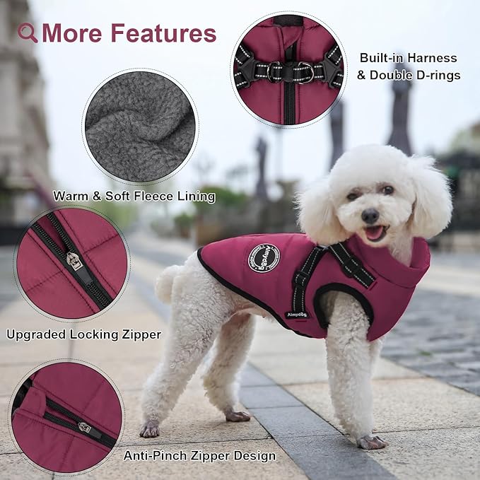 Warm Winter Coat, Fashion Sports Dog Jacket with Built-in Harness, Reflective & Adjustable Comfortable Pet Vest, Waterproof Windproof Apparel for Small Dogs (Purple)